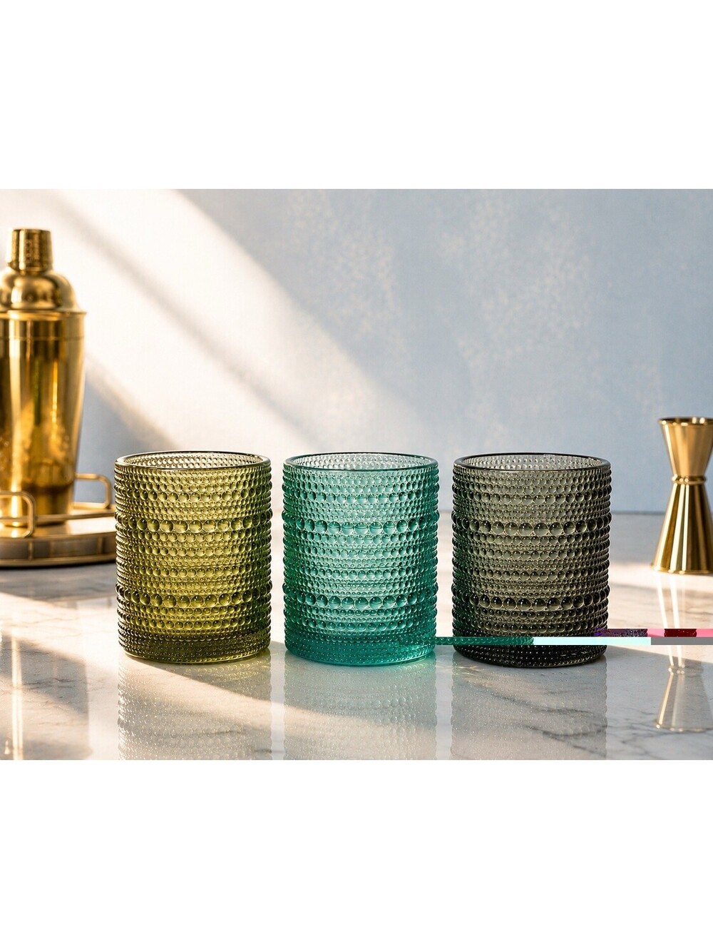 Pier 1 2000s Set Of 3 Hobnail Glass Tumblers Olive Teal Dark Green, 3x4"